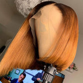 Black Roots Ombre Honey Brown Graceful Silky Straight Bob Lace Frontal Wig